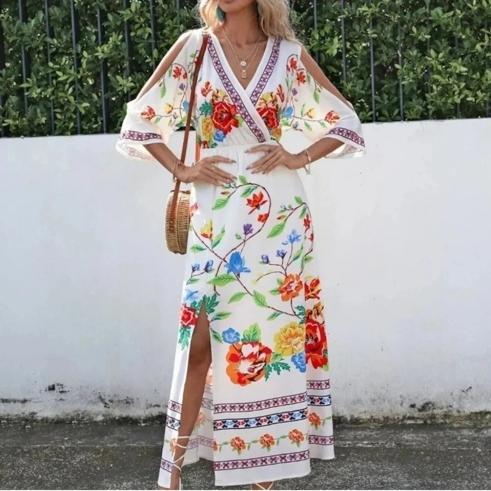 White Floral Print Cold Shoulder Maxi Dress - Picture 5 of 5